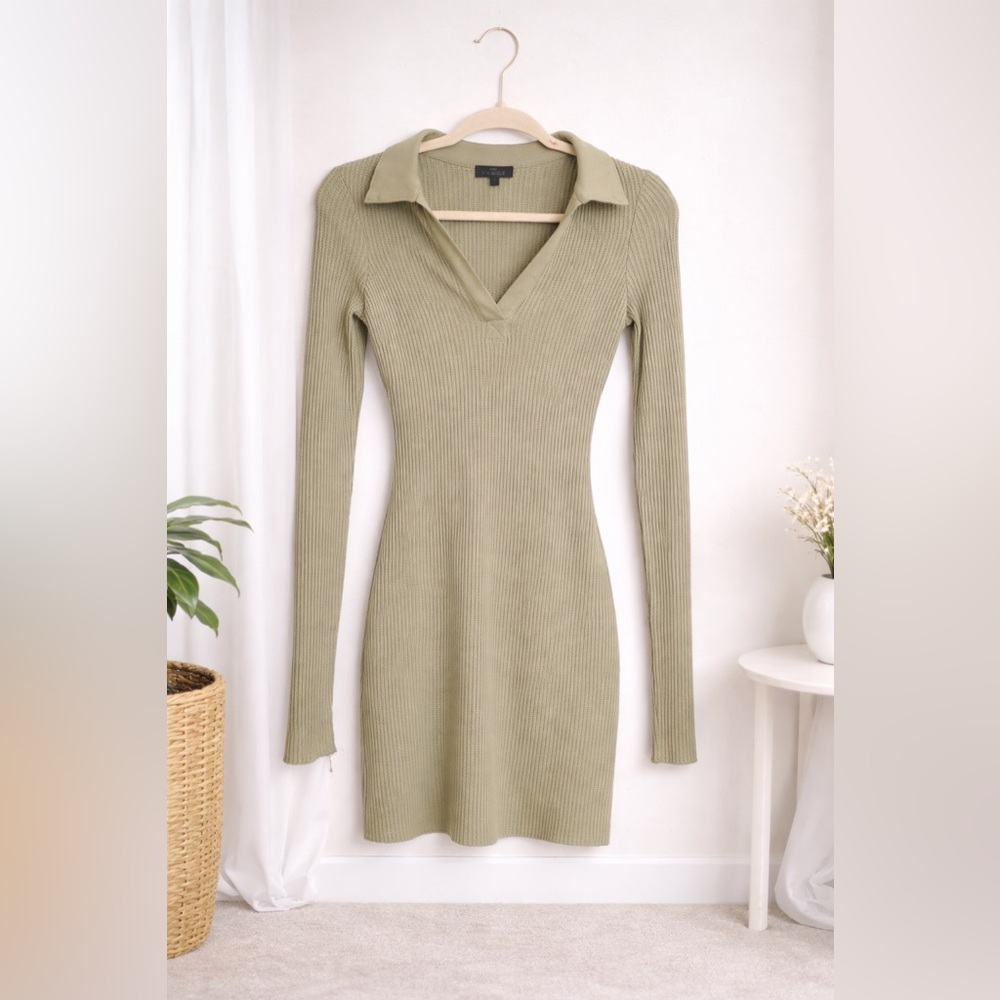The Range Ribbed Knit Collared Mini Dress Sage Green Long Sleeve Bodycon Dress